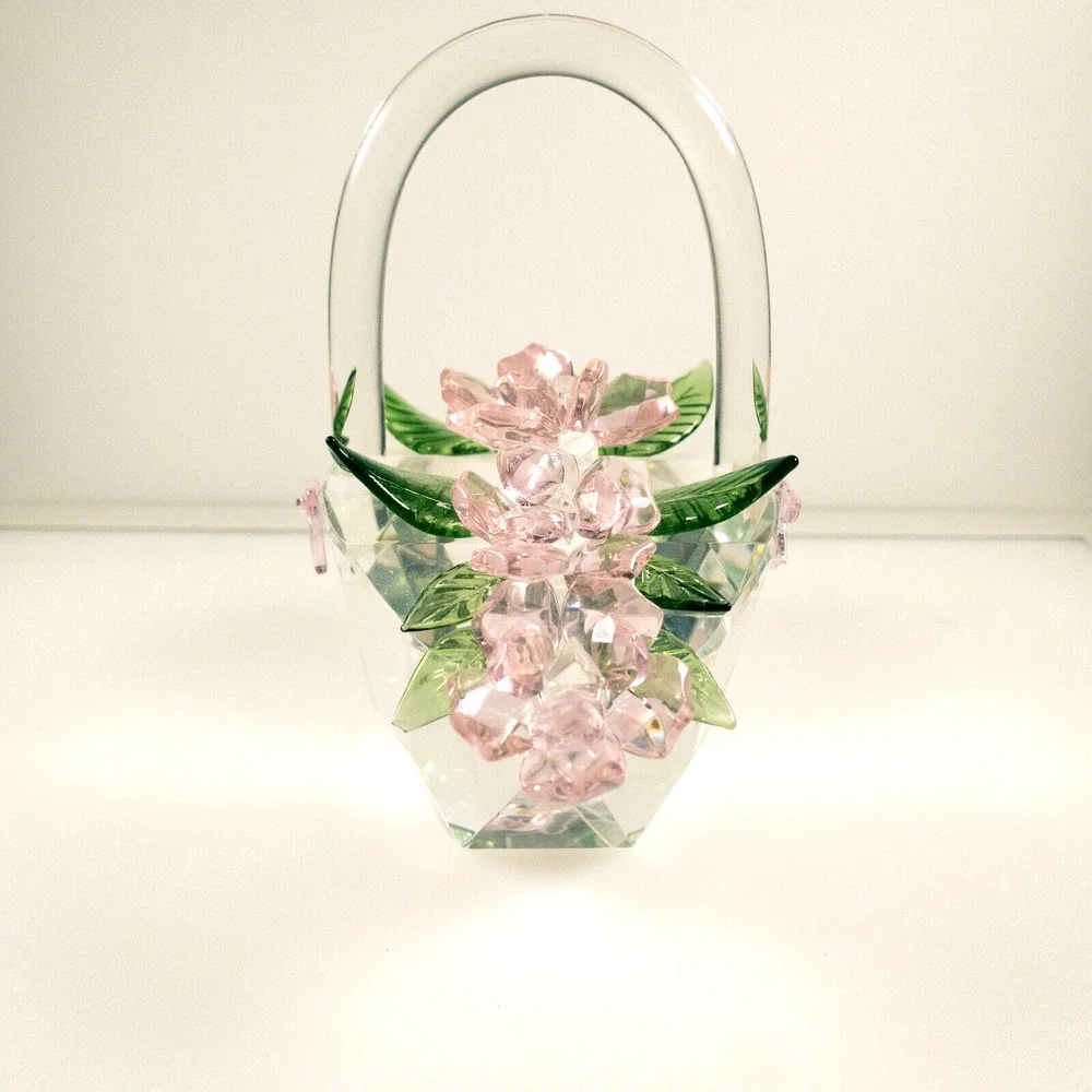 Sorelle Crystal Spring Basket of Flowers Pink Petals Green Leaves Bow 5 in Tall